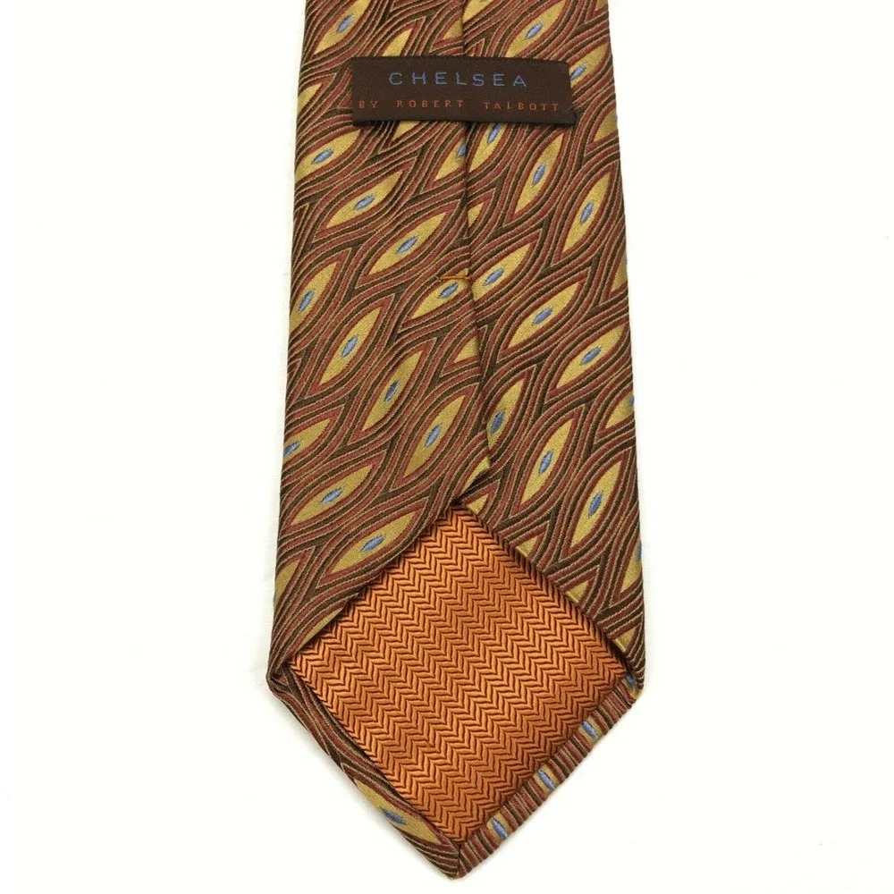 CHELSEA By Robert Talbott Geometric Brown Red Gold Blue Elegant Silk Necktie 60
